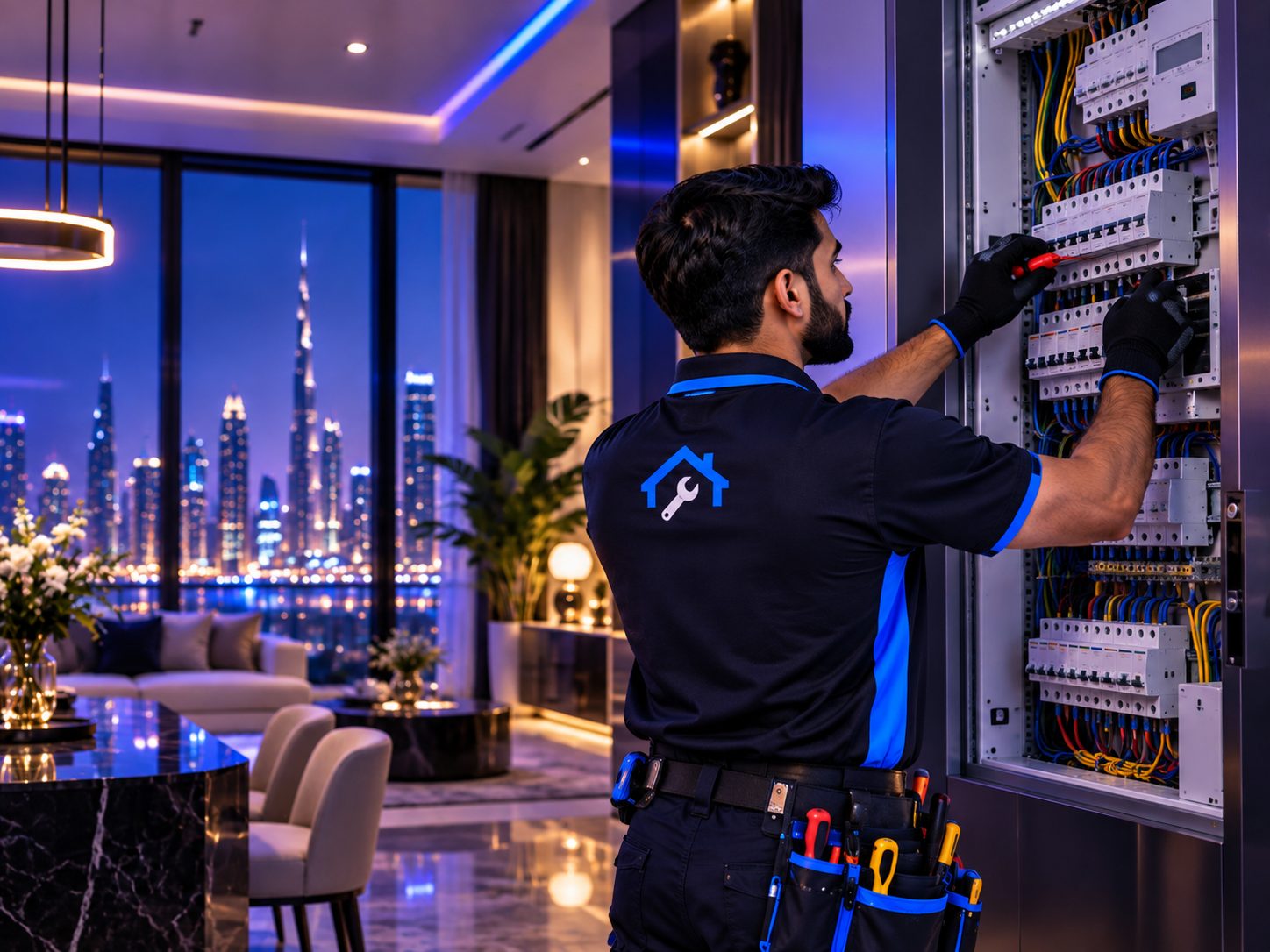 Technician performing electrical services inside a Dubai property